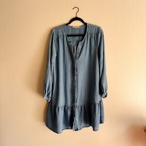 Loft Blue Chambray Long Sleeve Tiered Dress Large Casual Norm Spring Basic